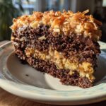 A close-up slice of moist german chocolate poke cake showing layers of dark chocolate cake and gooey coconut pecan filling, topped with toasted coconut.