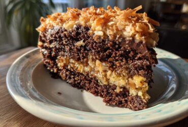 A close-up slice of moist german chocolate poke cake showing layers of dark chocolate cake and gooey coconut pecan filling, topped with toasted coconut.