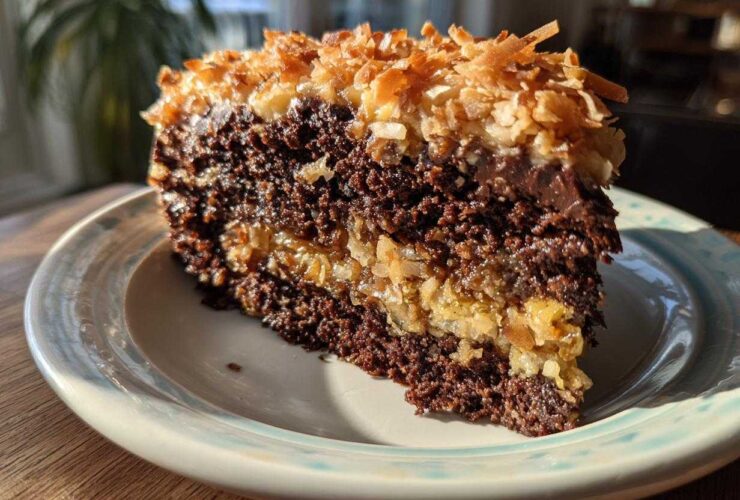 A close-up slice of moist german chocolate poke cake showing layers of dark chocolate cake and gooey coconut pecan filling, topped with toasted coconut.
