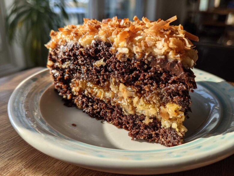 A close-up slice of moist german chocolate poke cake showing layers of dark chocolate cake and gooey coconut pecan filling, topped with toasted coconut.