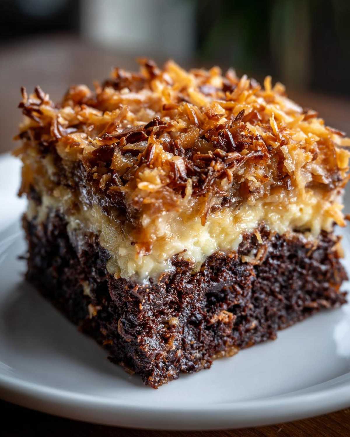 Close-up of a rich slice of german chocolate poke cake showing the moist chocolate base and coconut pecan topping.