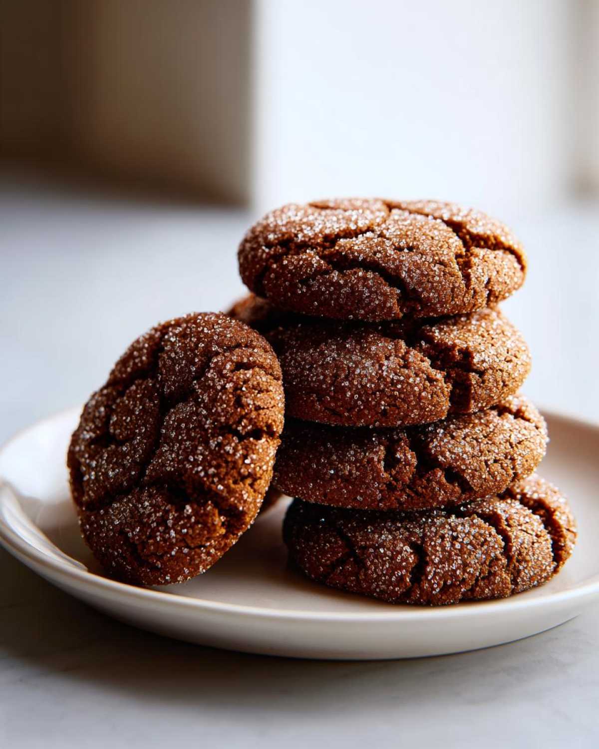 A stack of five soft and chewy ginger molasses cookies coated in sparkling sugar crystals.