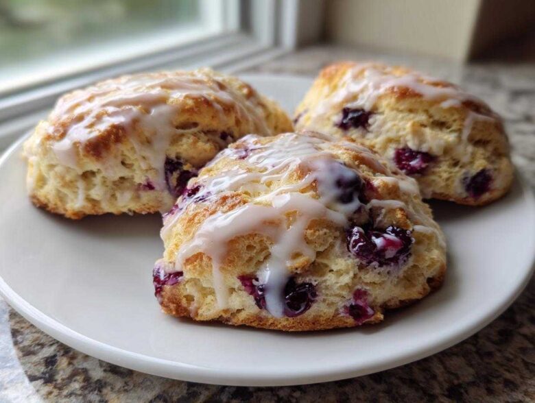 Three freshly baked blueberry scones topped with a sweet white glaze, resting on a white plate.