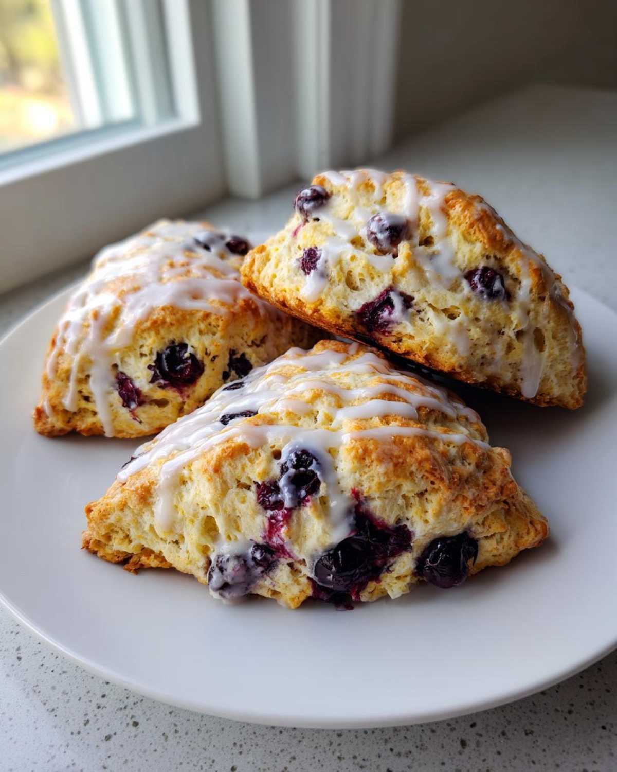 Three freshly baked blueberry scones, drizzled with white glaze, stacked on a white plate near a window.
