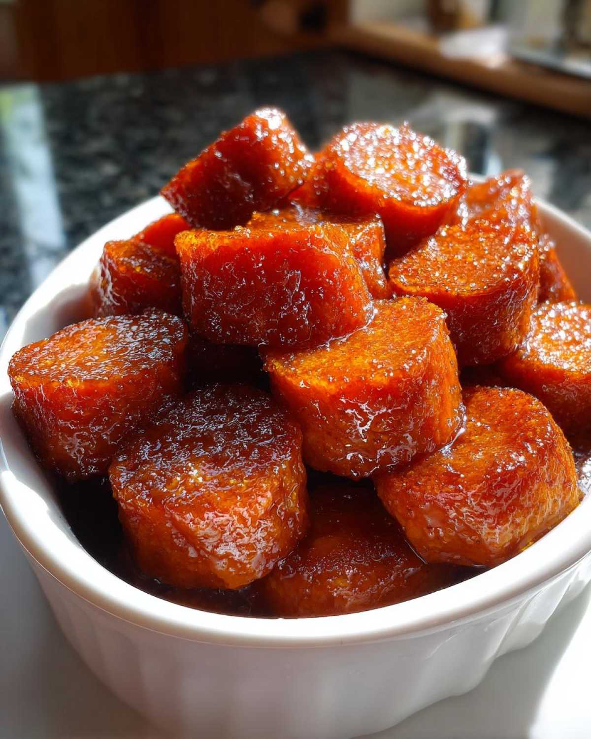 A close-up of thick, round slices of candied sweet potatoes covered in a shiny, dark glaze, served in a white bowl.