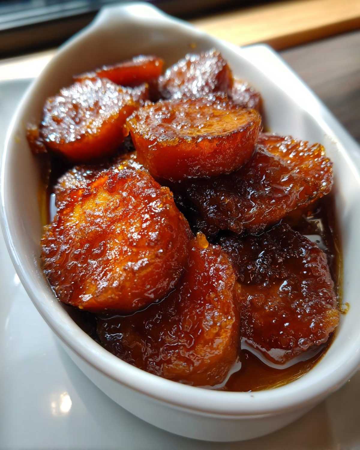 Close-up of thick, round slices of candied sweet potatoes coated in a thick, glossy brown sugar glaze.