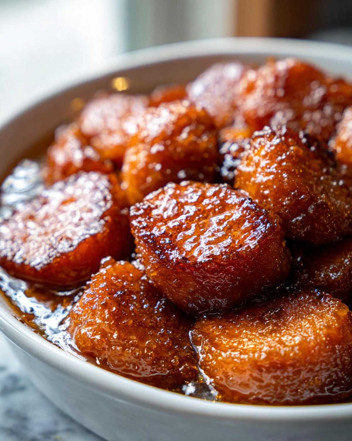 Close-up of glossy, caramelized candied sweet potatoes soaking in a rich brown syrup in a white bowl.