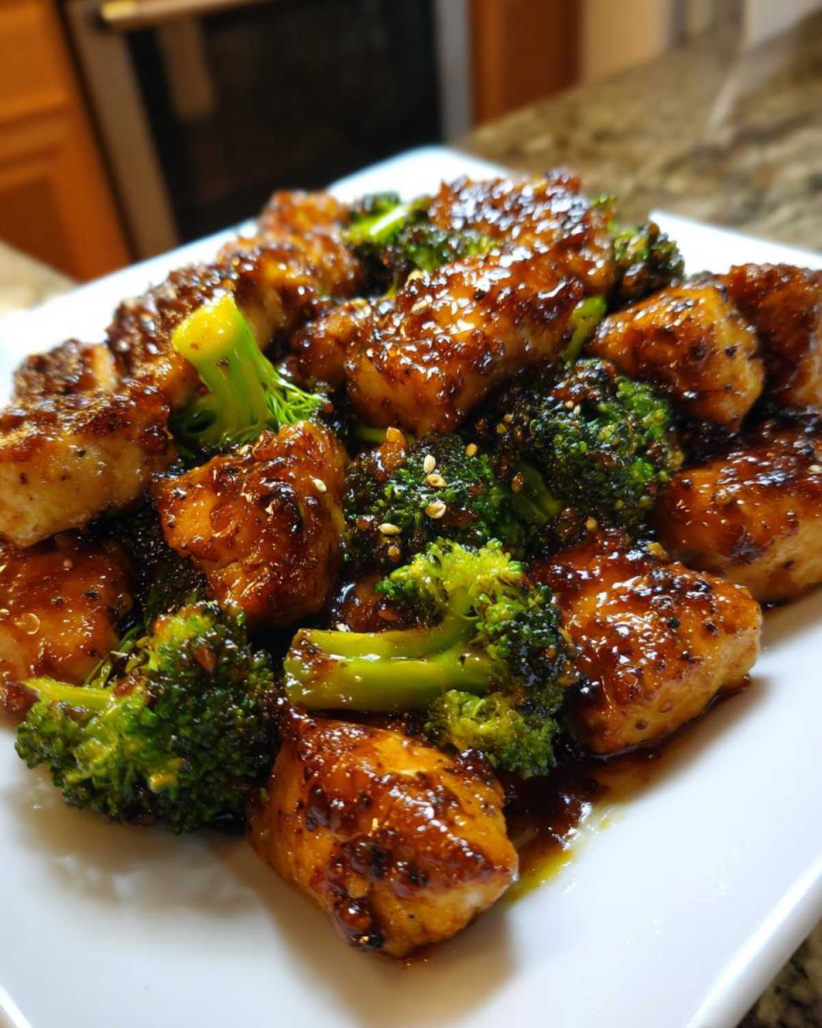 Close-up of glazed, saucy chicken and bright green broccoli florets served on a white plate, showcasing the chicken and broccoli dish.