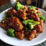 Close-up of crispy, glazed chicken pieces mixed with bright green broccoli florets, a perfect chicken and broccoli dinner.
