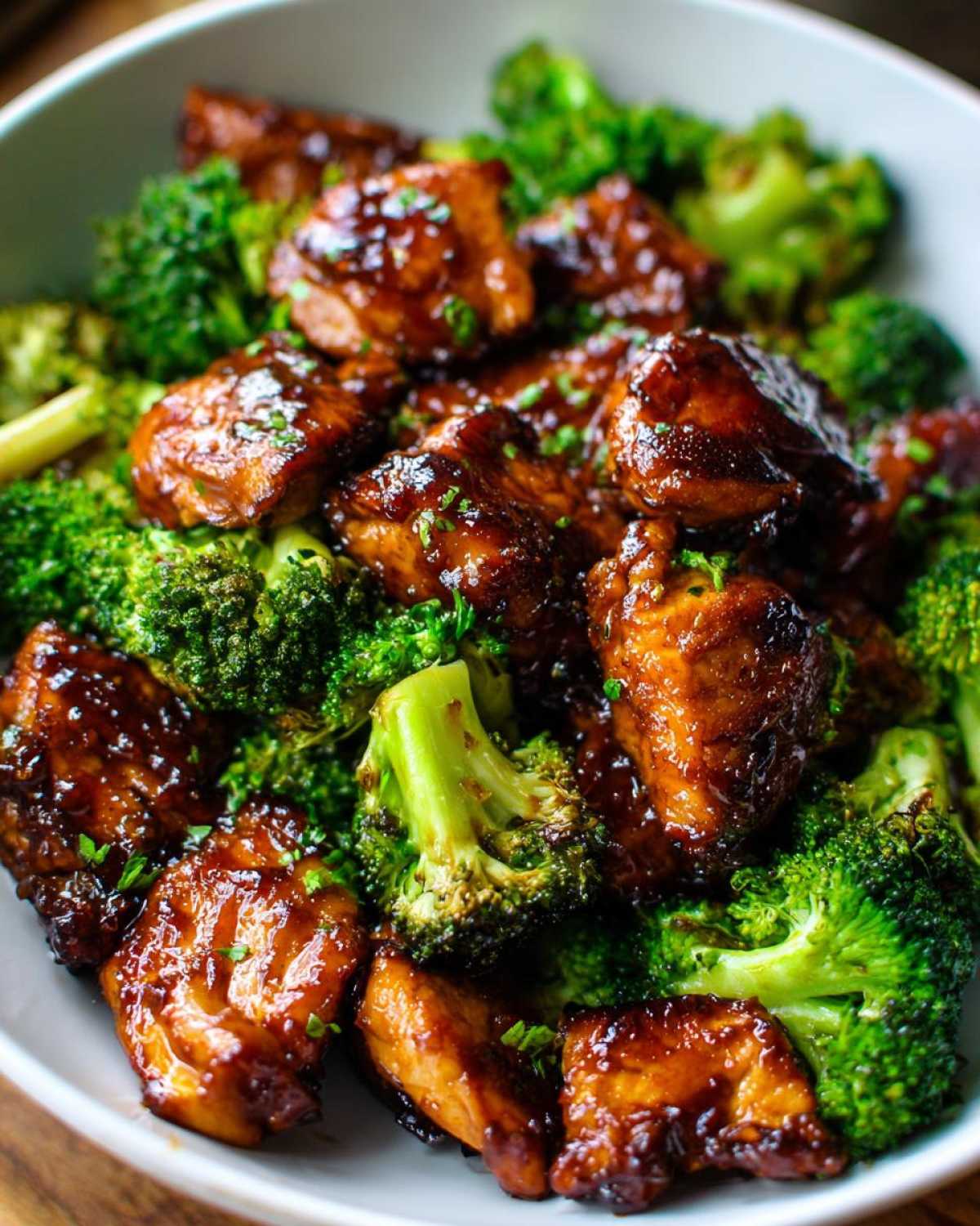 Close-up of glazed, saucy chicken pieces mixed with bright green broccoli florets, perfect for chicken and broccoli dinner.