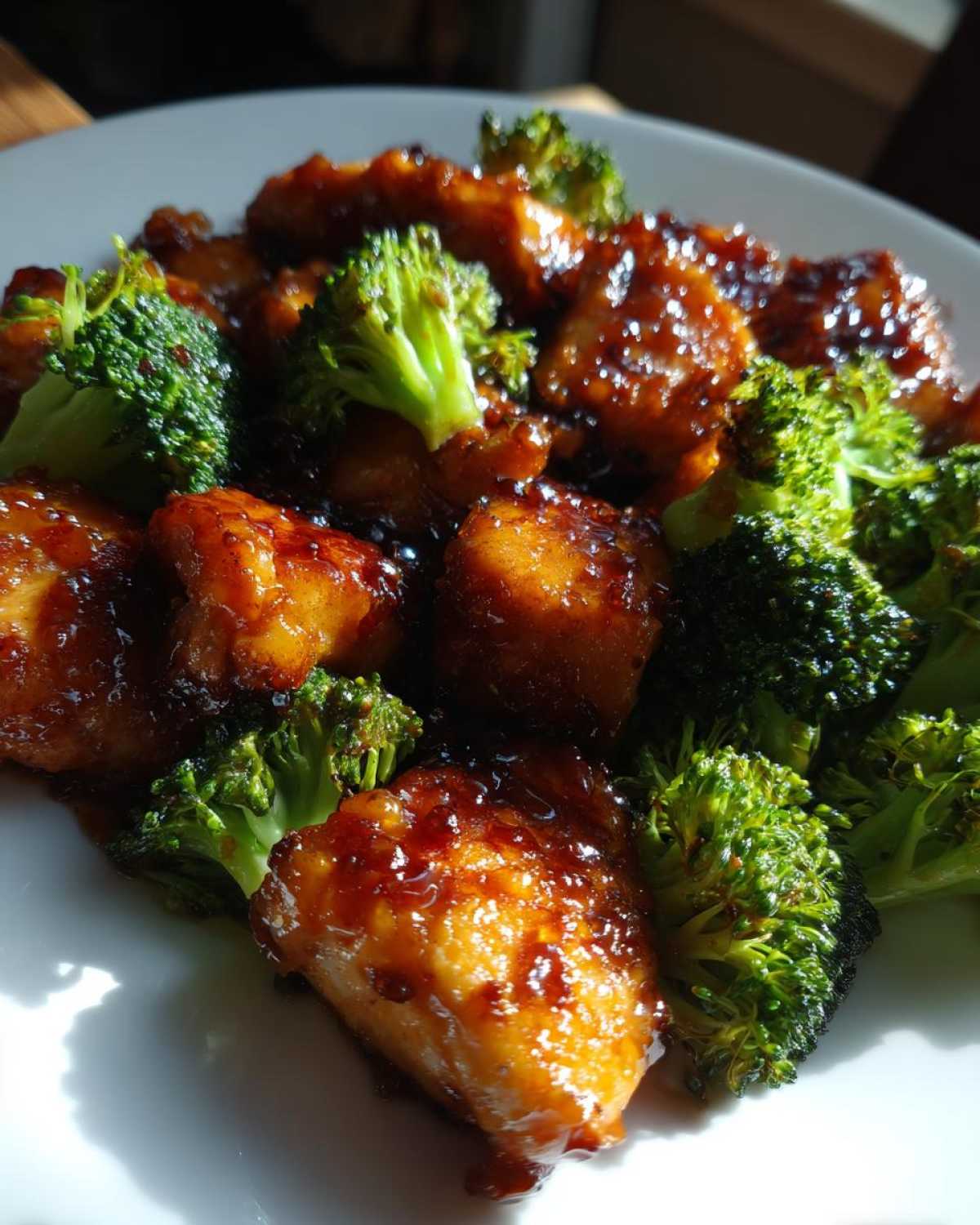 Close-up of glossy, sauced chicken pieces mixed with bright green broccoli florets, showcasing the chicken and broccoli dinner.