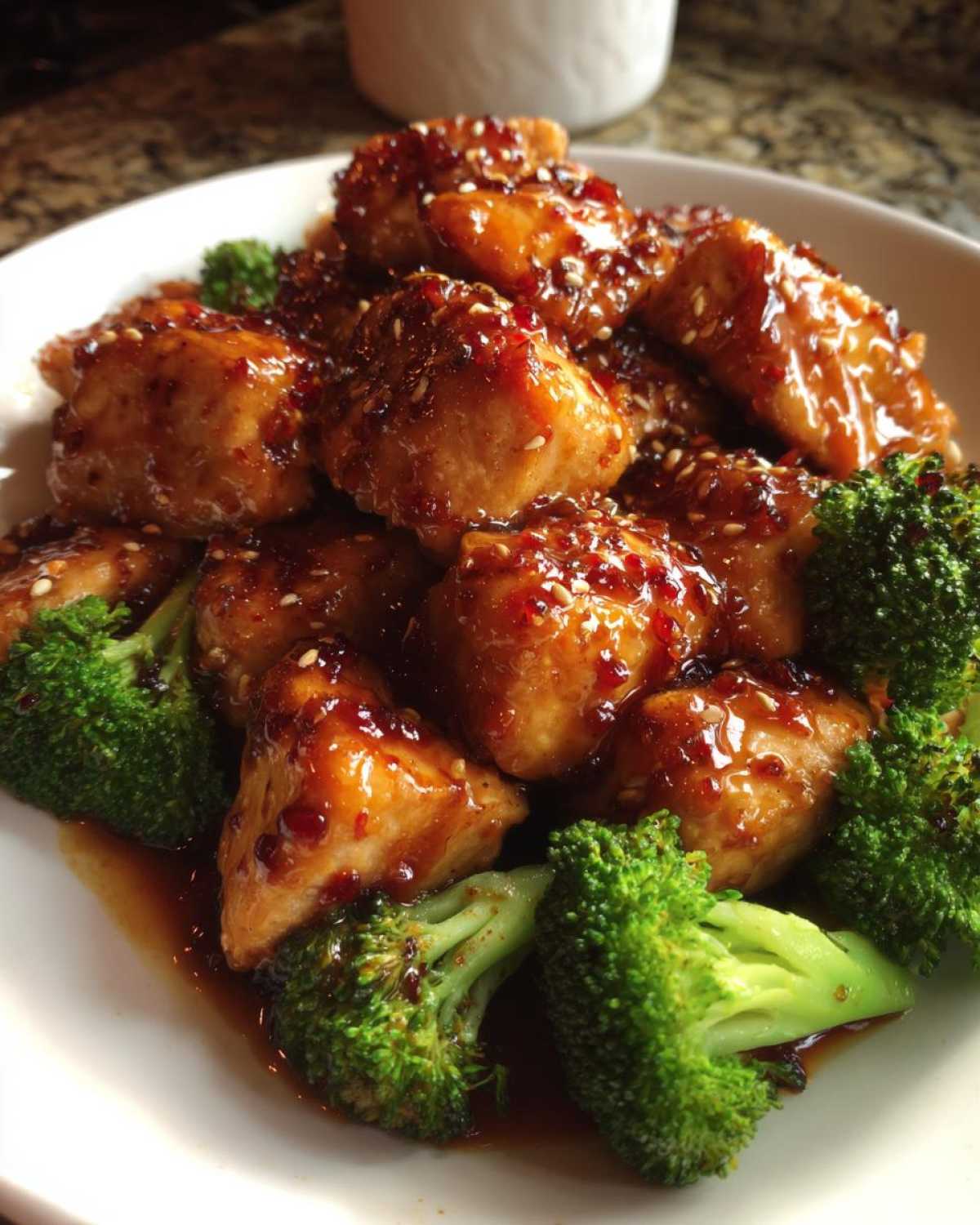 Close-up of glazed chicken pieces coated in a sticky sauce and served with bright green broccoli florets, a perfect chicken and broccoli dish.