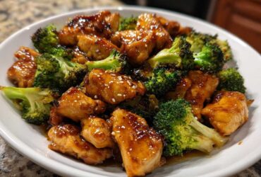 Close-up of glossy, saucy chicken and bright green broccoli florets, a perfect chicken and broccoli dinner.