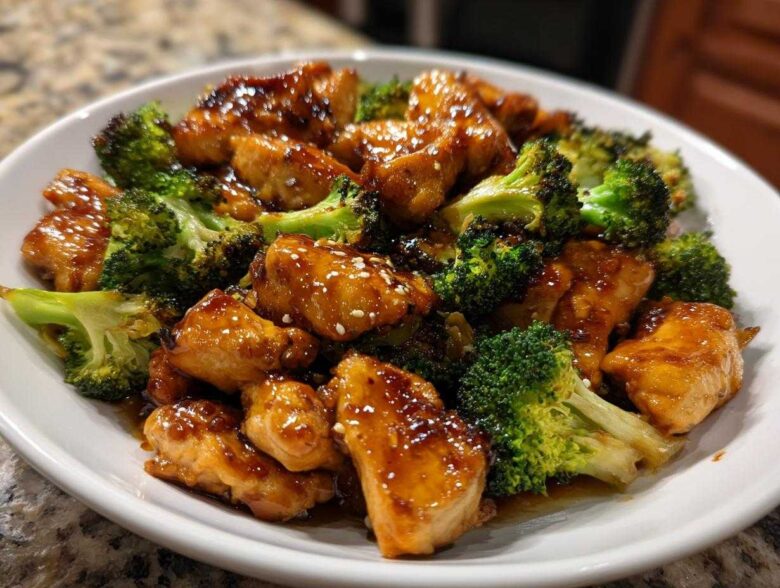 Close-up of glossy, saucy chicken and bright green broccoli florets, a perfect chicken and broccoli dinner.