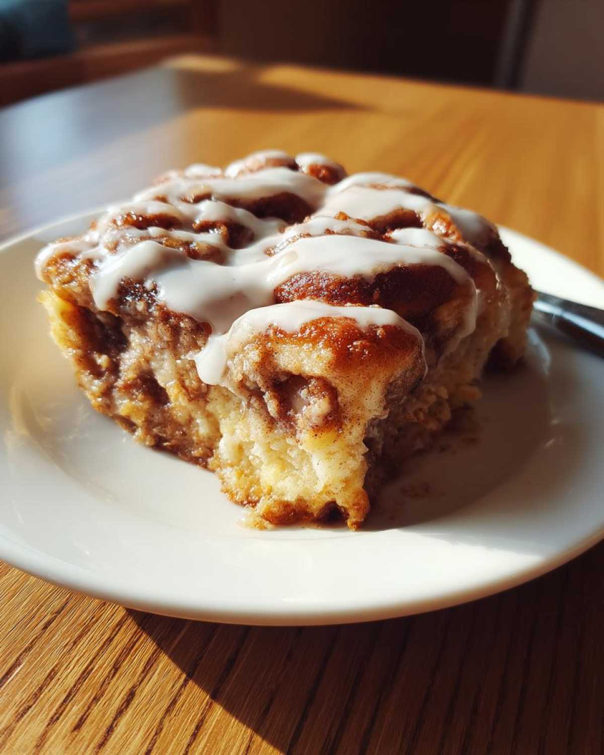 A close-up of a single serving of Cinnamon roll casserole topped with white icing, sitting on a white plate.