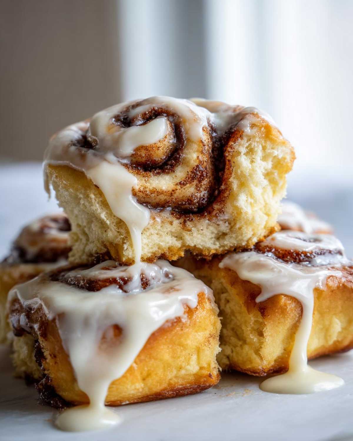 Close-up of a stack of freshly baked cinnamon roll pastries dripping with thick white icing.