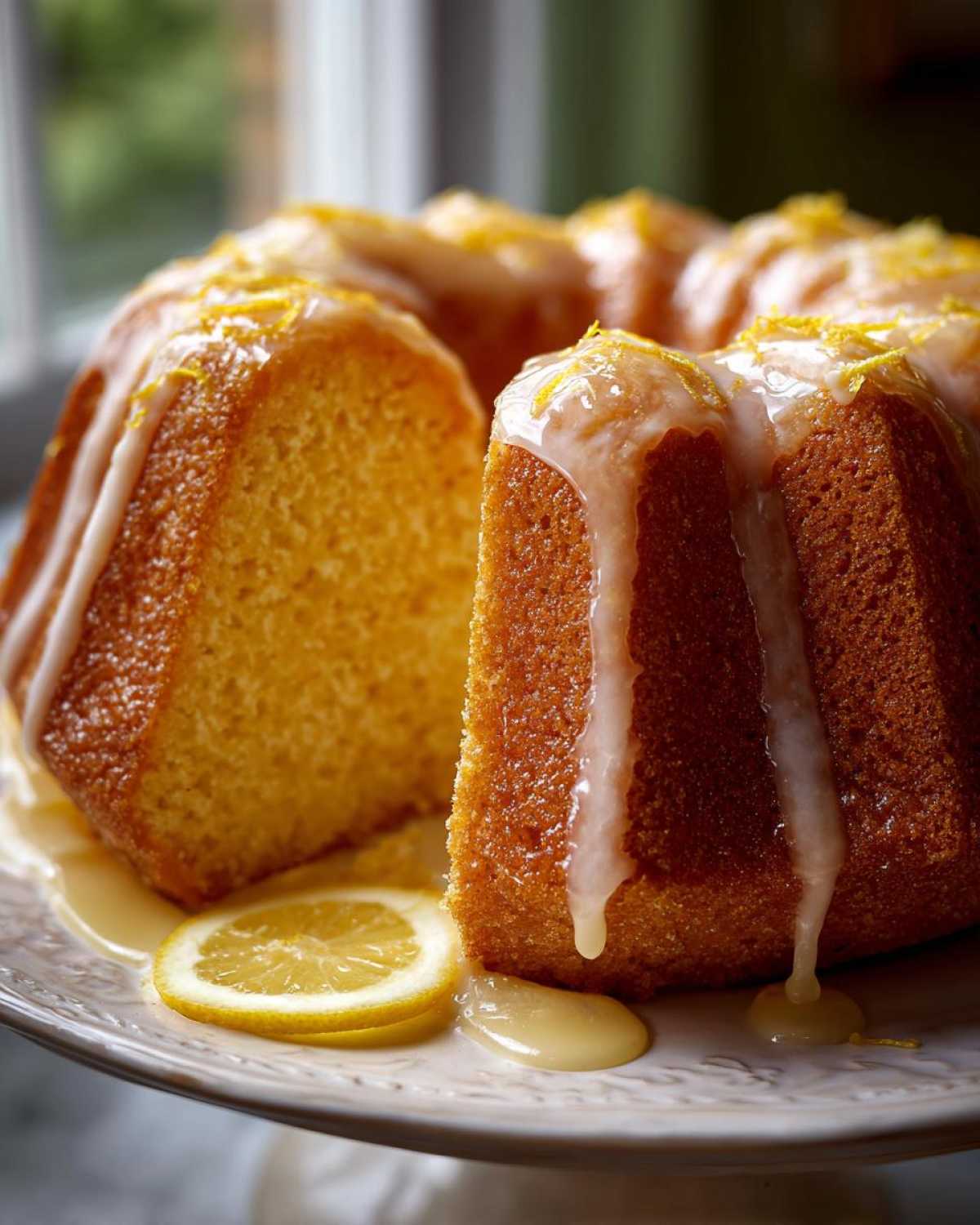 A moist, golden lemon pound cake with thick white glaze dripping down the sides, garnished with zest.