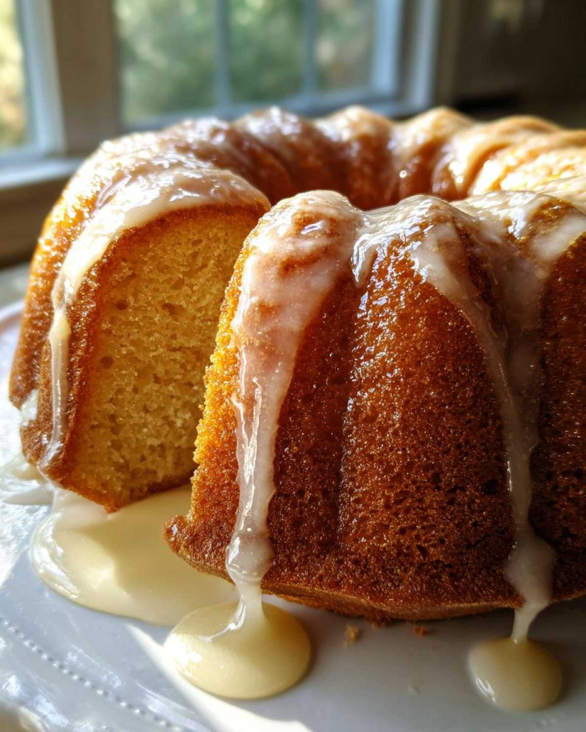 Close-up of a moist lemon pound cake with thick white glaze dripping down the sides, a slice removed.