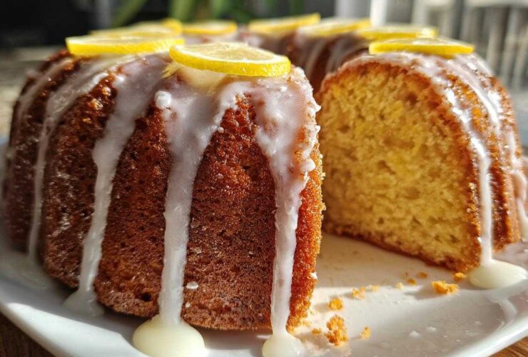 A glazed lemon pound cake, featuring a slice cut out to show the moist interior, topped with lemon slices.