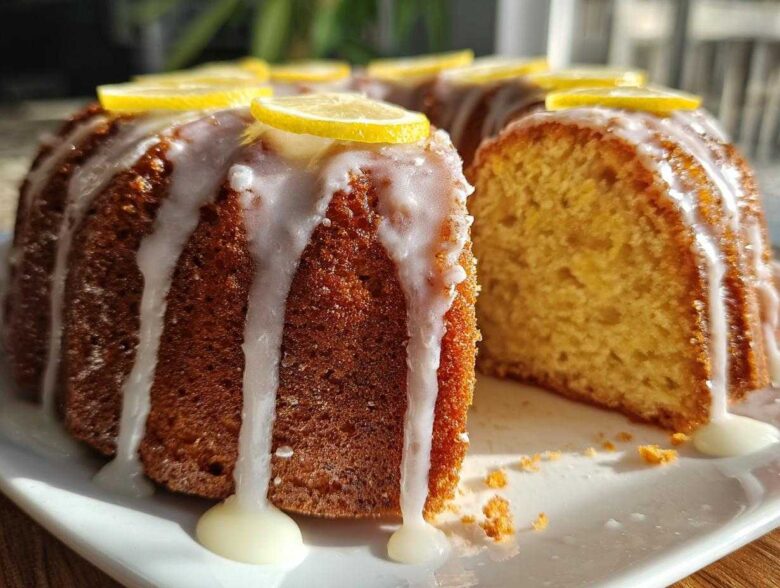 A glazed lemon pound cake, featuring a slice cut out to show the moist interior, topped with lemon slices.