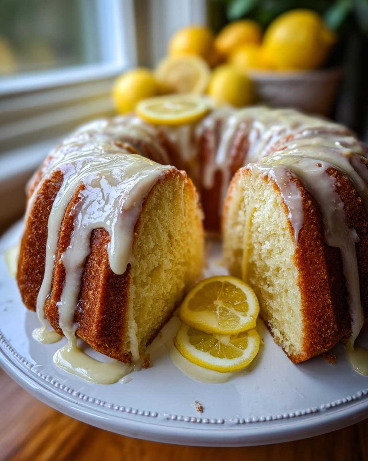 A freshly baked lemon pound cake drizzled with glaze, featuring a slice removed and garnished with fresh lemon slices.