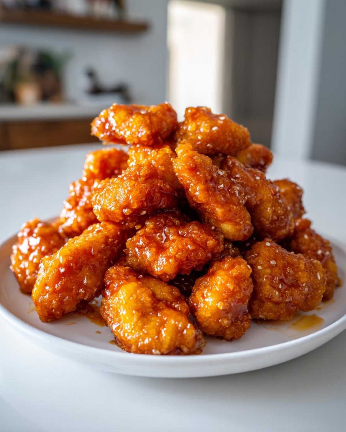 A mound of crispy, glazed orange chicken recipe pieces sprinkled with sesame seeds on a white plate.