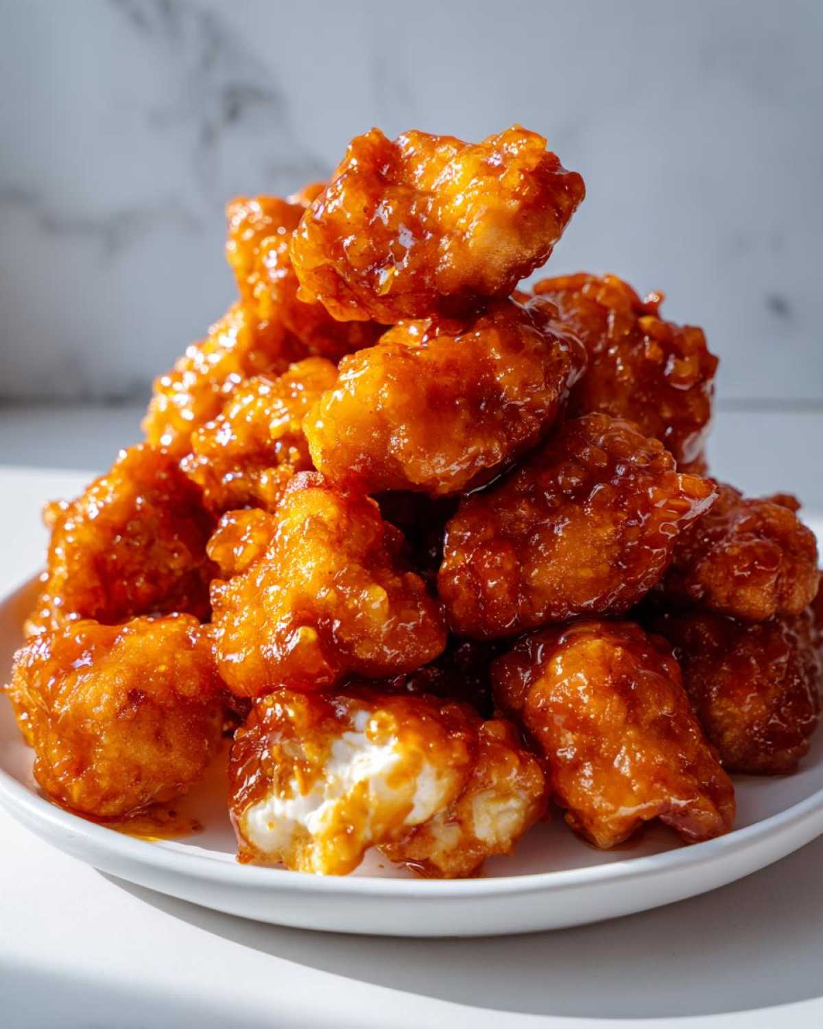 A pile of crispy, glazed chicken pieces coated in sticky orange sauce, showcasing the amazing orange chicken recipe.