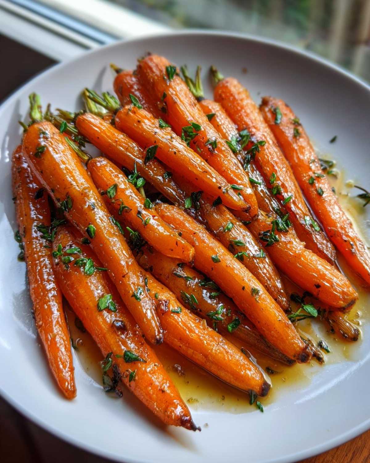 A close-up of perfectly glazed roasted baby carrots, drizzled with sauce and sprinkled with fresh herbs.