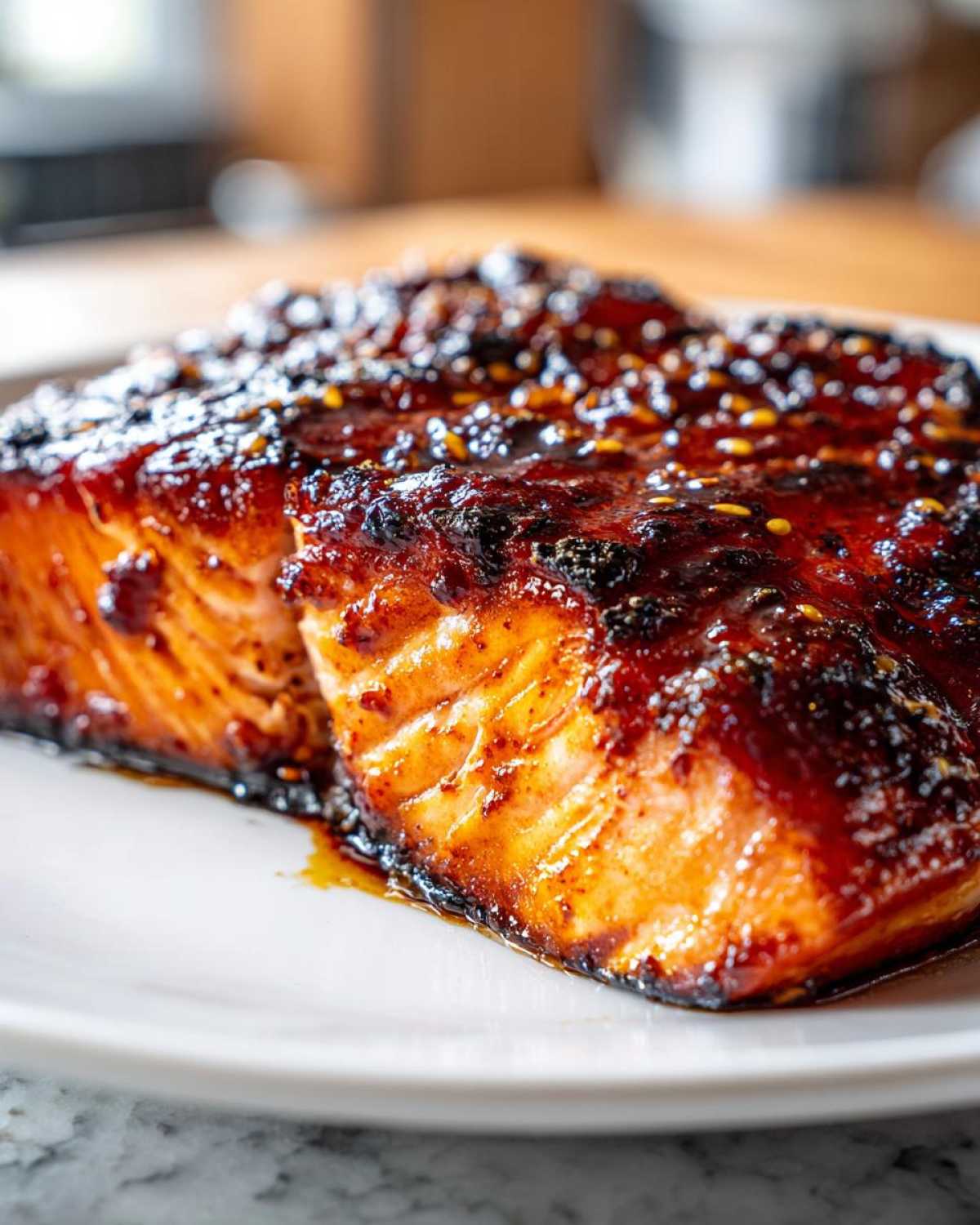 Close-up of a perfectly cooked, glazed salmon fillet with a dark, sticky sauce and sesame seeds.