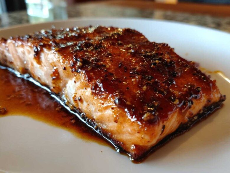 Close-up of a perfectly cooked, glazed salmon fillet resting in its sauce on a white plate.