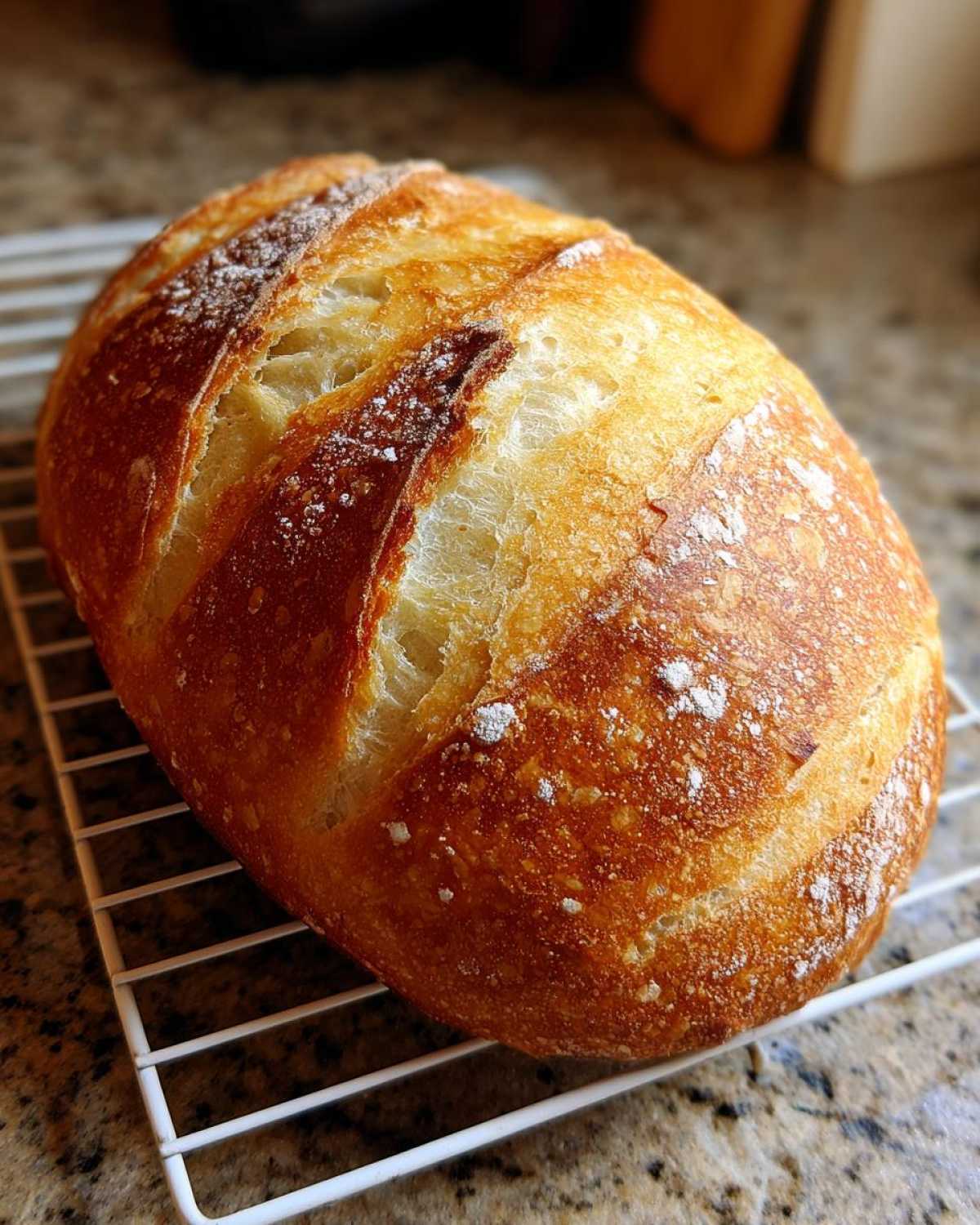 A freshly baked, golden brown french bread loaf cooling on a white wire rack.