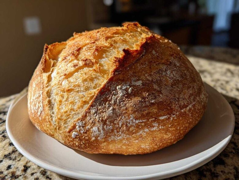 A perfectly baked, round loaf of Italian bread with a deeply browned, crackled crust dusted with flour.
