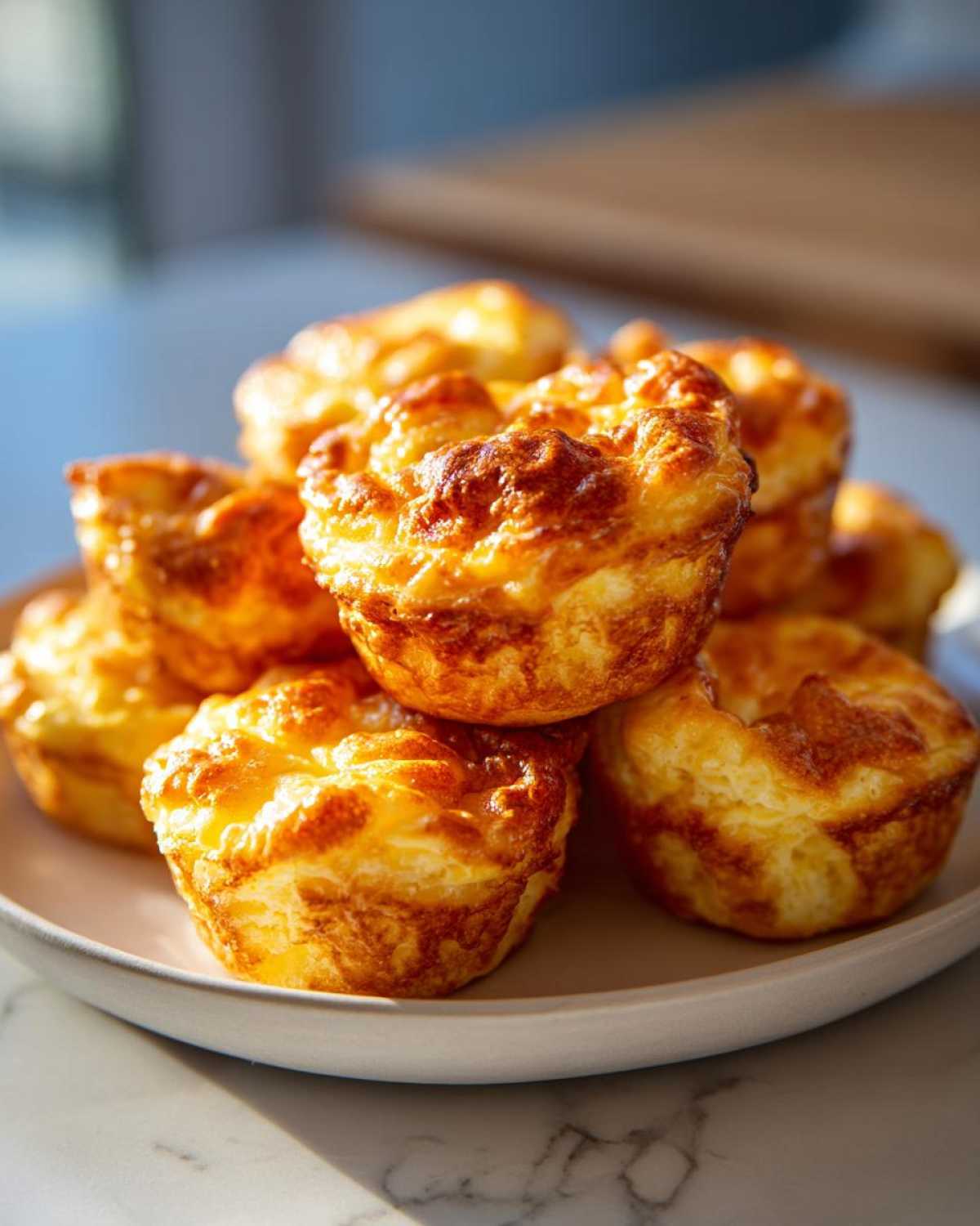 A stack of golden brown, fluffy baked egg bites piled high on a light-colored plate.