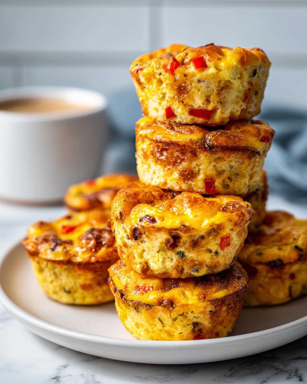 A stack of golden brown Egg Muffin Cups filled with visible red peppers, served on a white plate.