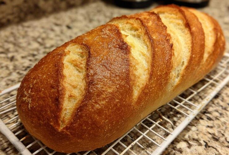A freshly baked, golden brown loaf of french bread with deep slashes resting on a white wire cooling rack.