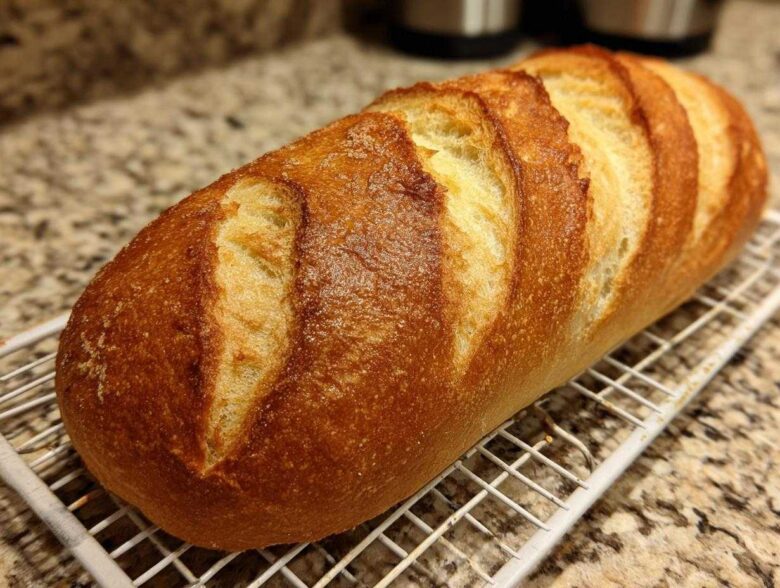 A freshly baked, golden brown loaf of french bread with deep slashes resting on a white wire cooling rack.