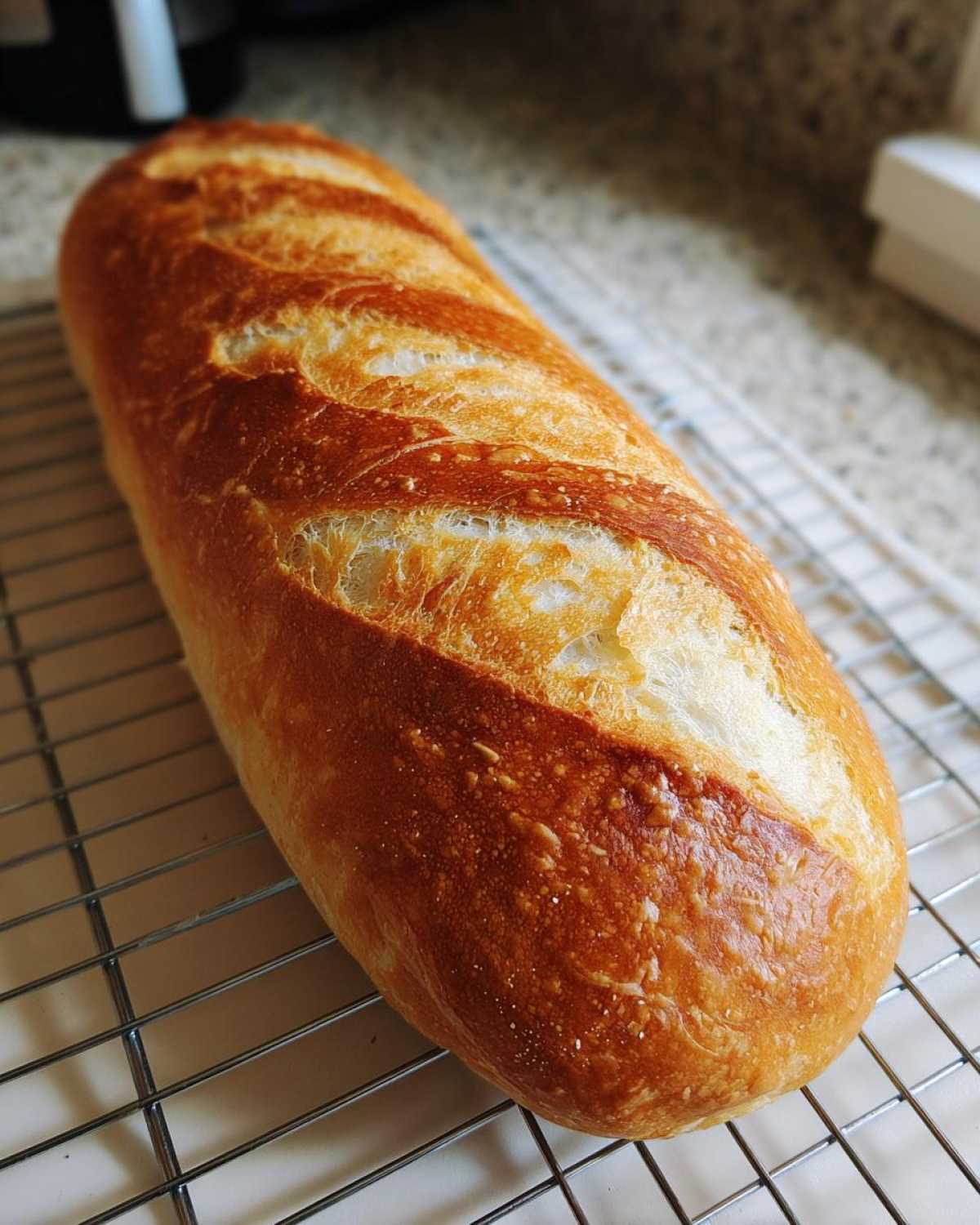 A freshly baked, golden-brown loaf of french bread resting on a wire cooling rack.