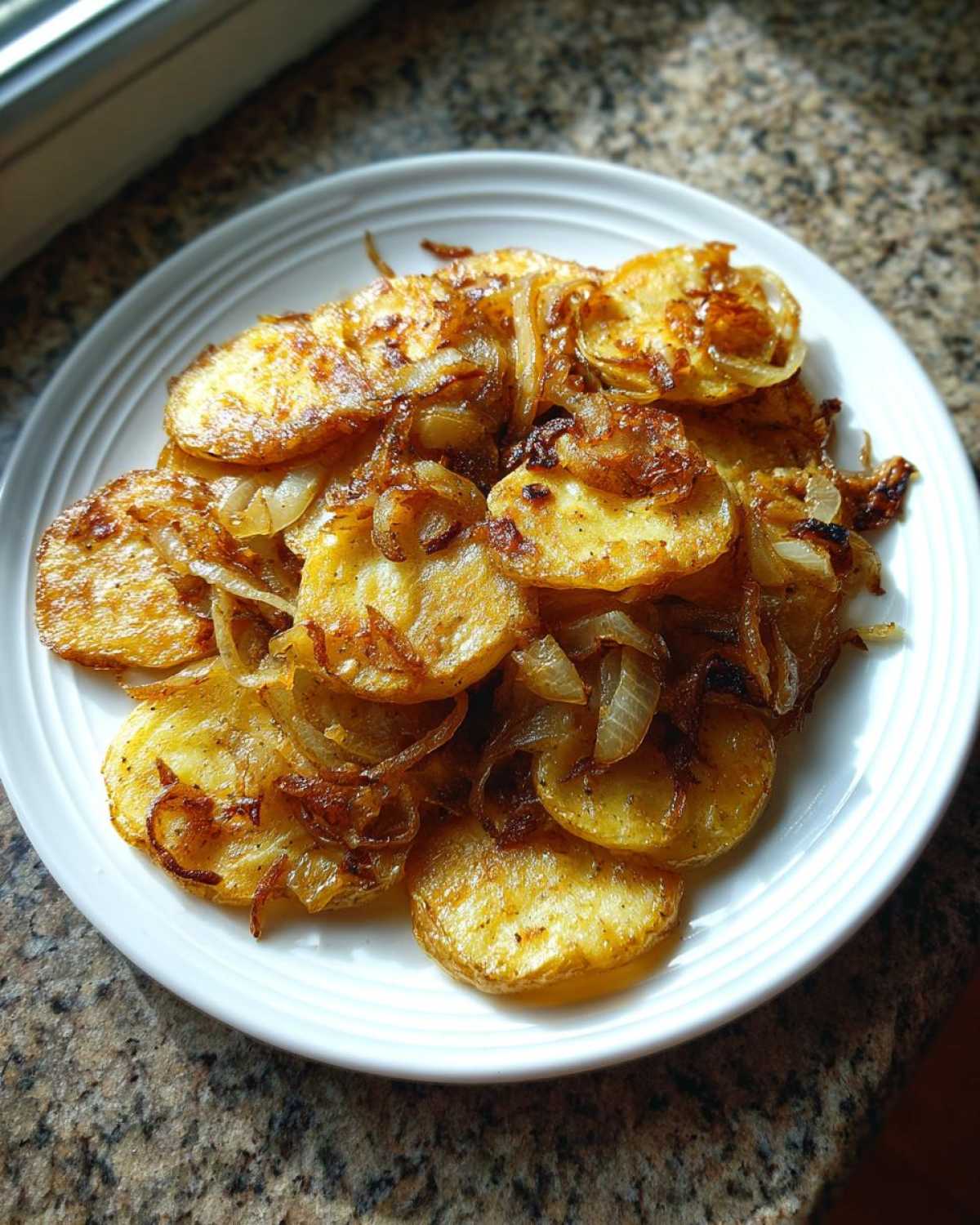 A plate piled high with golden brown fried potatoes and caramelized onions, ready to eat.
