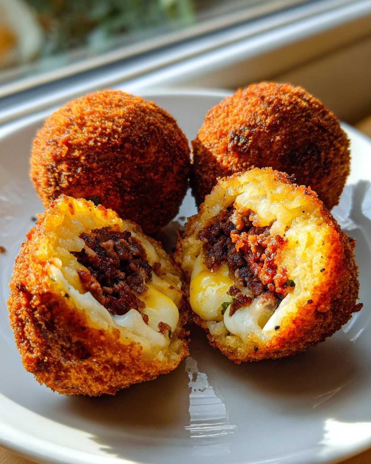 Close-up of golden fried rice balls, one cut open revealing a savory meat and melted cheese filling.