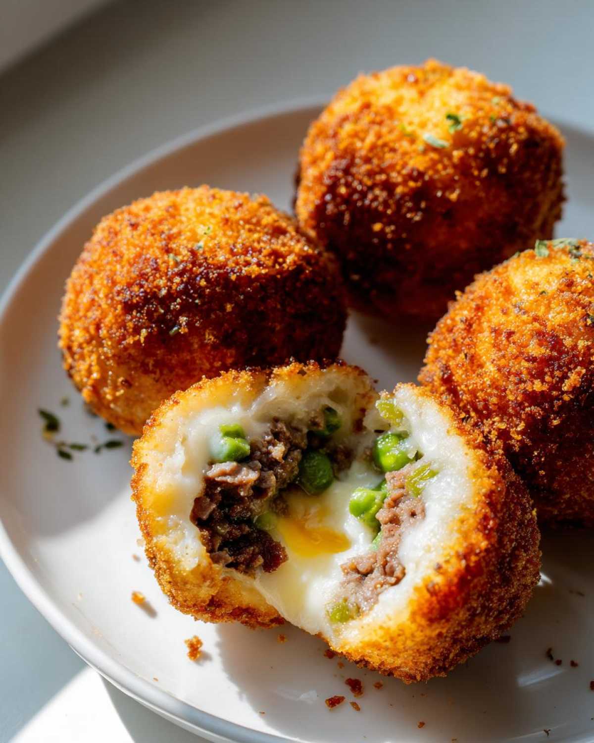 Close-up of golden brown, crispy fried rice balls, one cut open revealing a filling of ground meat, peas, and melted cheese.