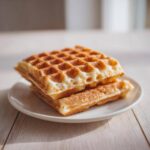 Two golden brown, fluffy high protein waffles stacked on a small white plate on a light wooden surface.