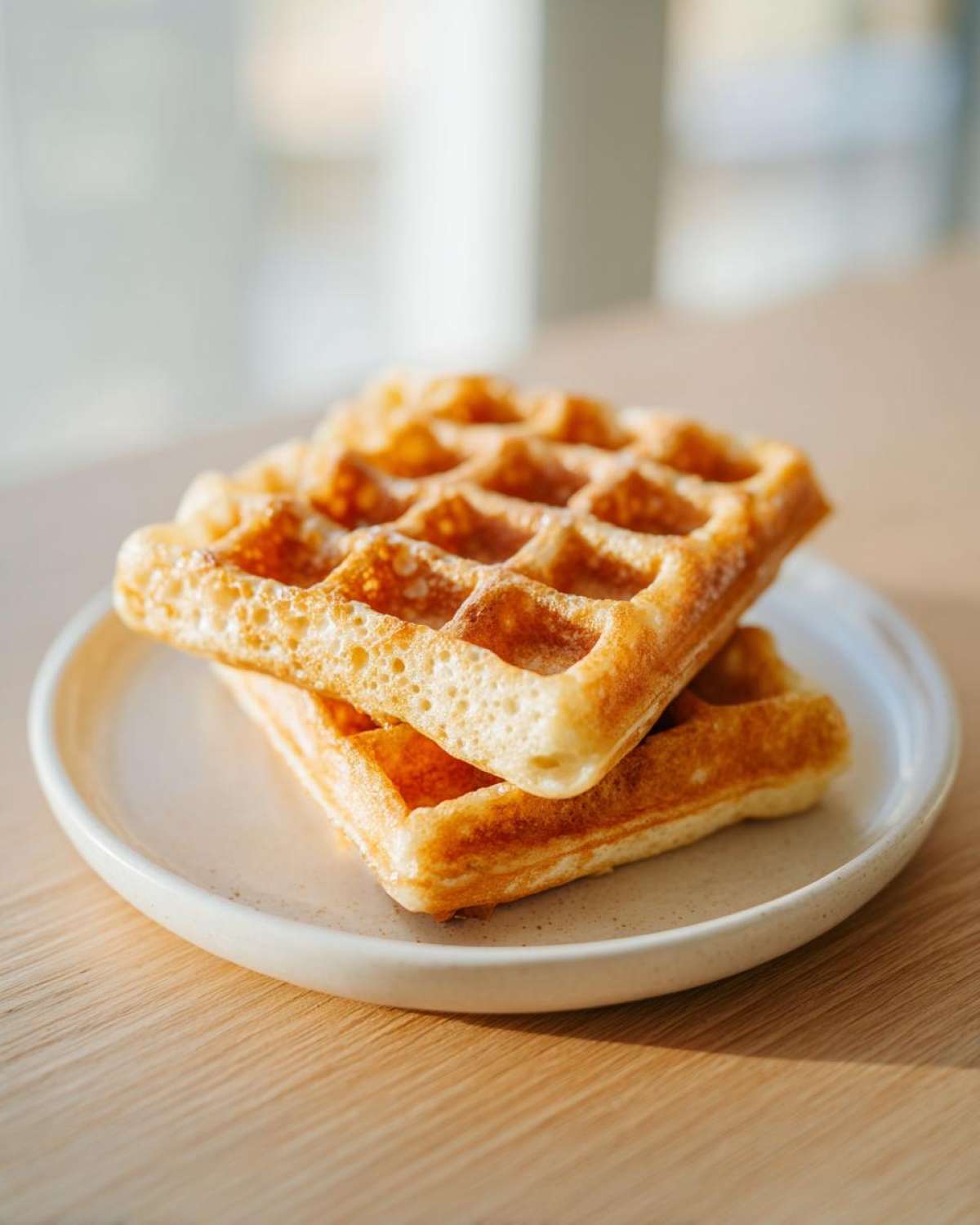 Two golden brown, fluffy high protein waffles stacked on a small, speckled white plate.