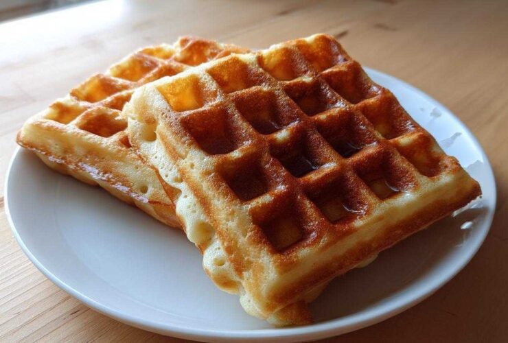 Two golden brown, freshly made high protein waffles stacked slightly on a white plate.