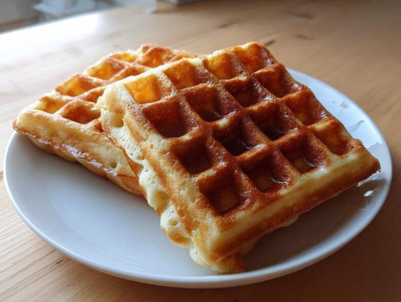 Two golden brown, freshly made high protein waffles stacked slightly on a white plate.