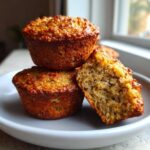 Three golden-brown honey bran muffins stacked on a plate, one cut in half showing the moist, textured interior.