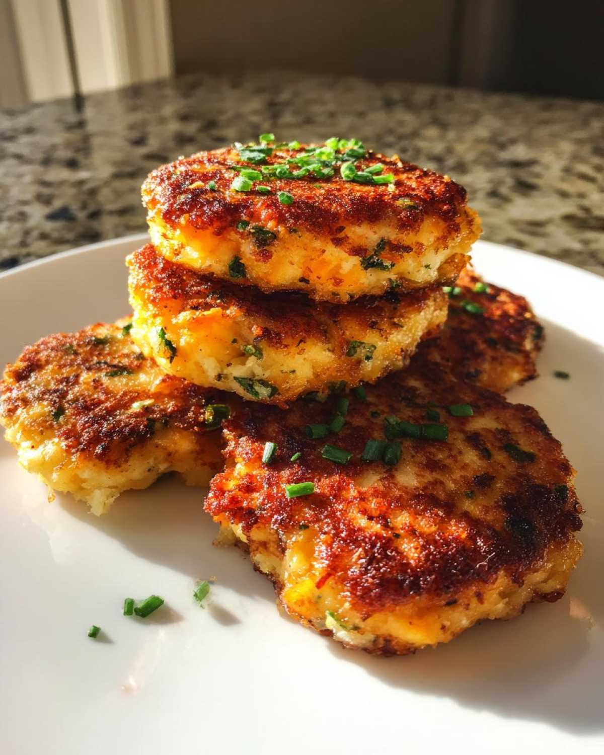 A stack of four golden brown, pan-fried mashed potato cakes garnished with fresh chives.
