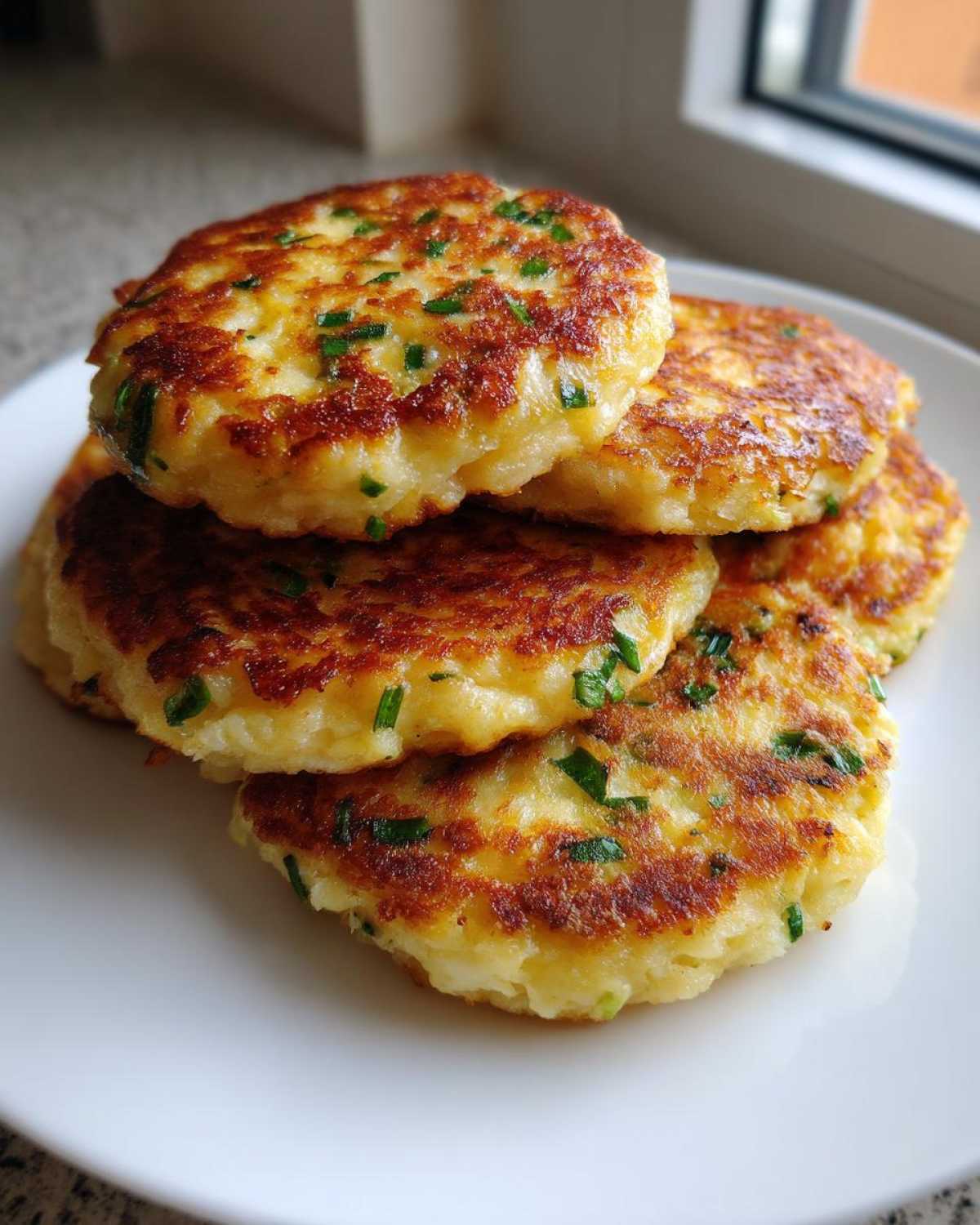 A stack of four golden brown, pan-fried mashed potato cakes flecked with green chives on a white plate.