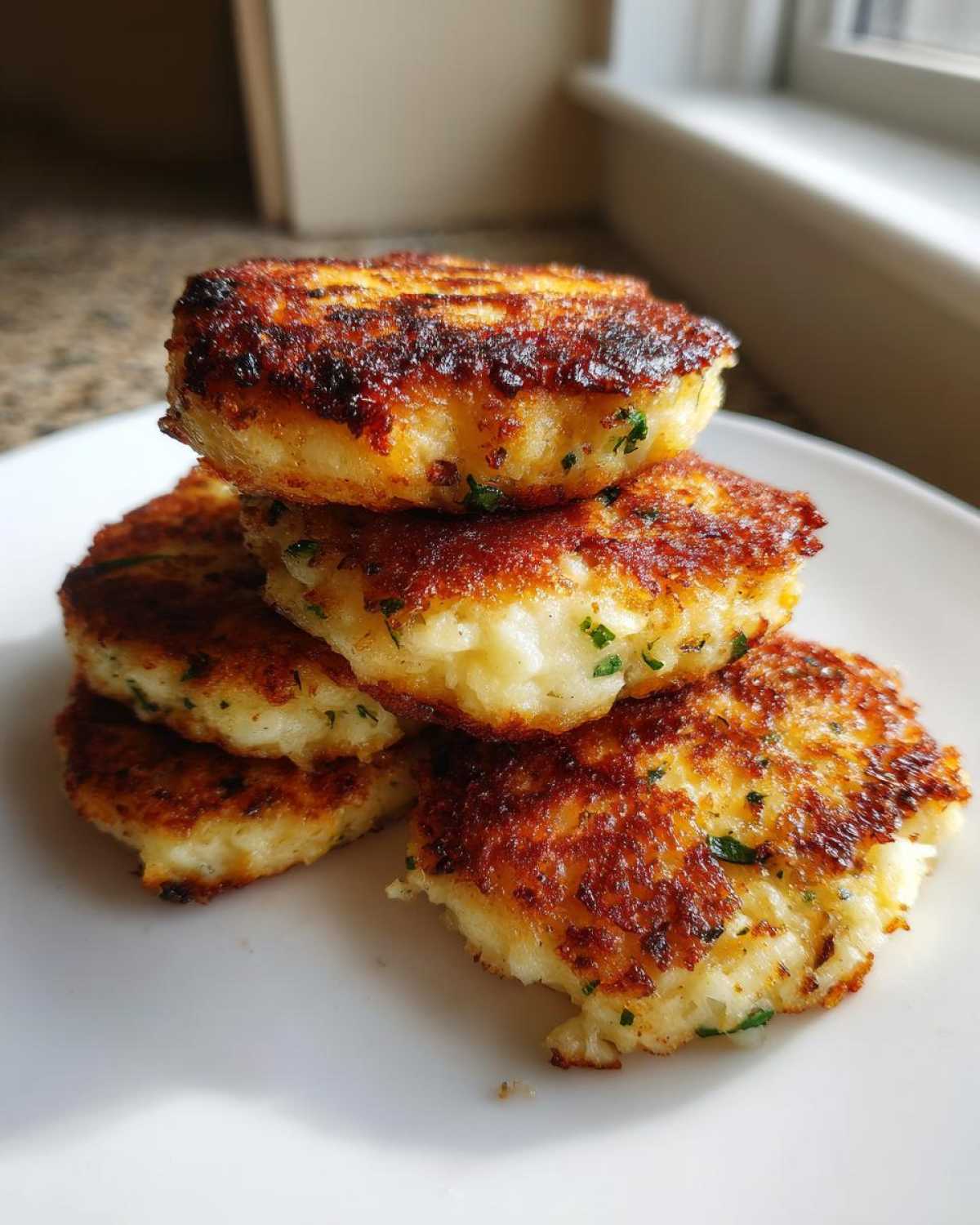 A stack of five perfectly pan-fried mashed potato cakes with crispy brown edges and flecks of green herbs.