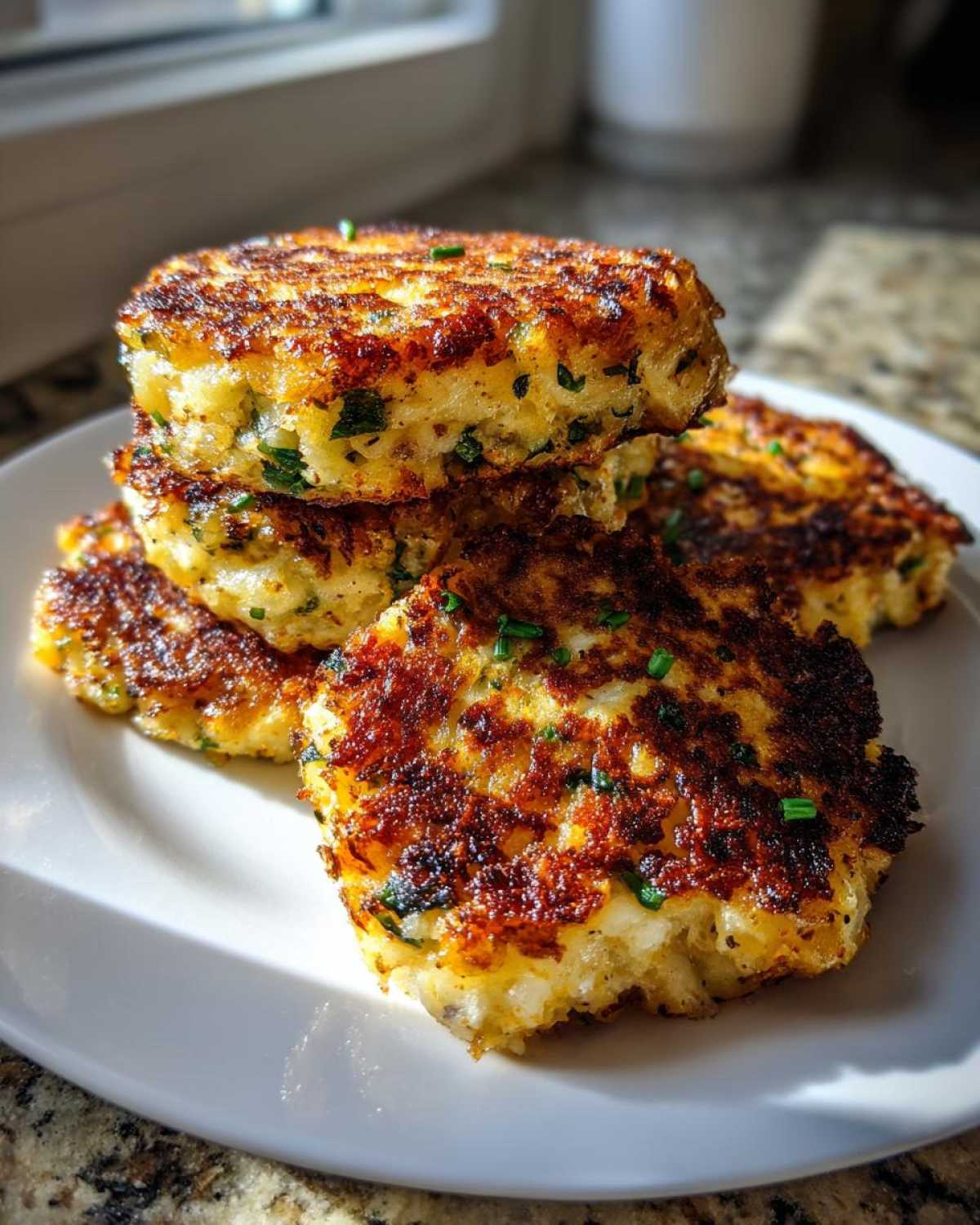 A stack of four golden brown, pan-fried mashed potato cakes garnished with fresh chives.