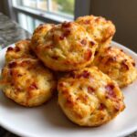 A close-up of several golden, cheesy pizza bites topped with bits of pepperoni or bacon, served on a white plate.
